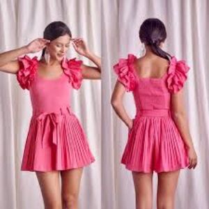 DO+BE Mini Romper Feminine Spring Ruffles Pleated Smocked Bow Coral Pink Small